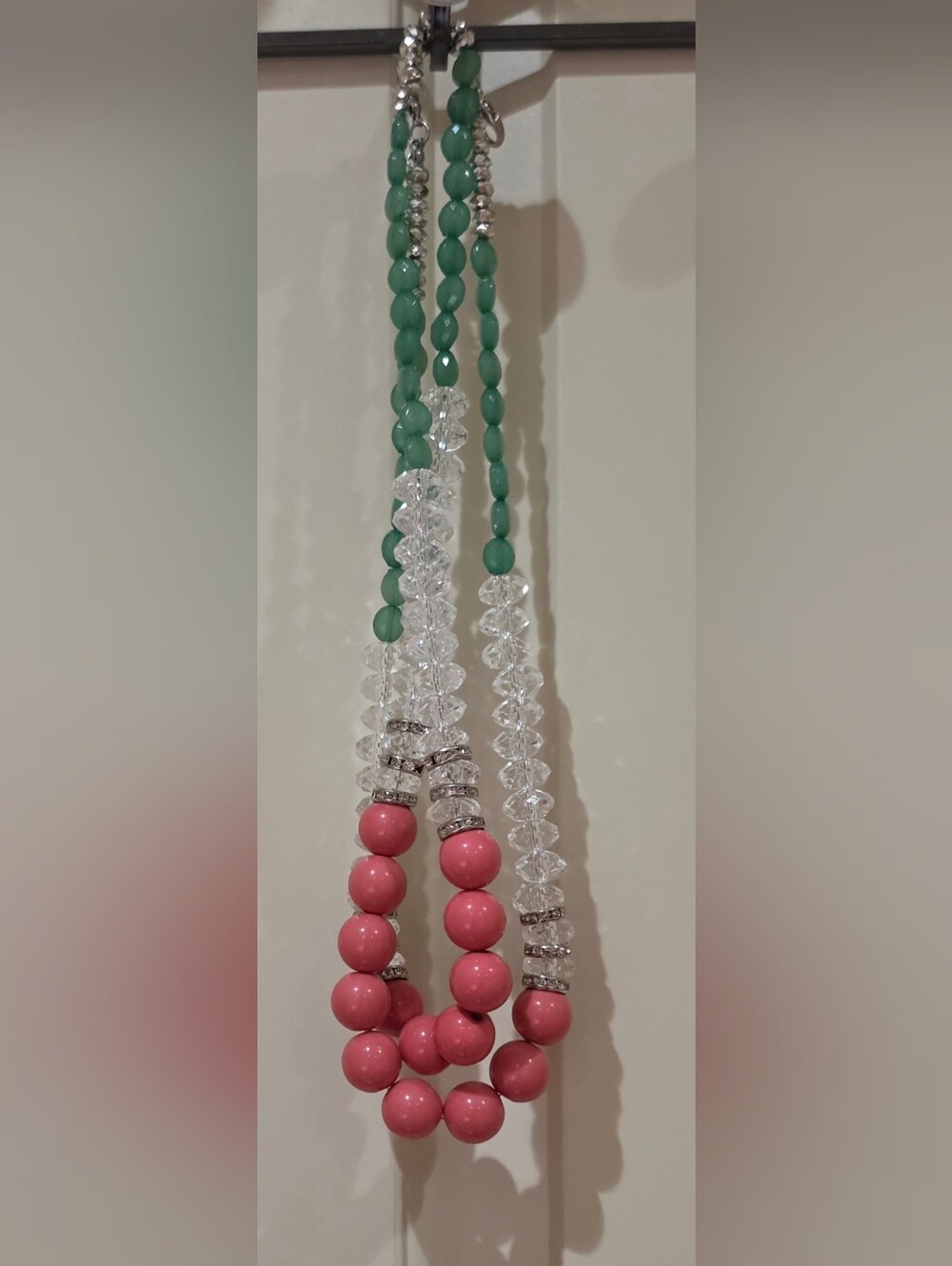 Two-Strand Beaded Necklace in Pink & Teal with Crystal Accents